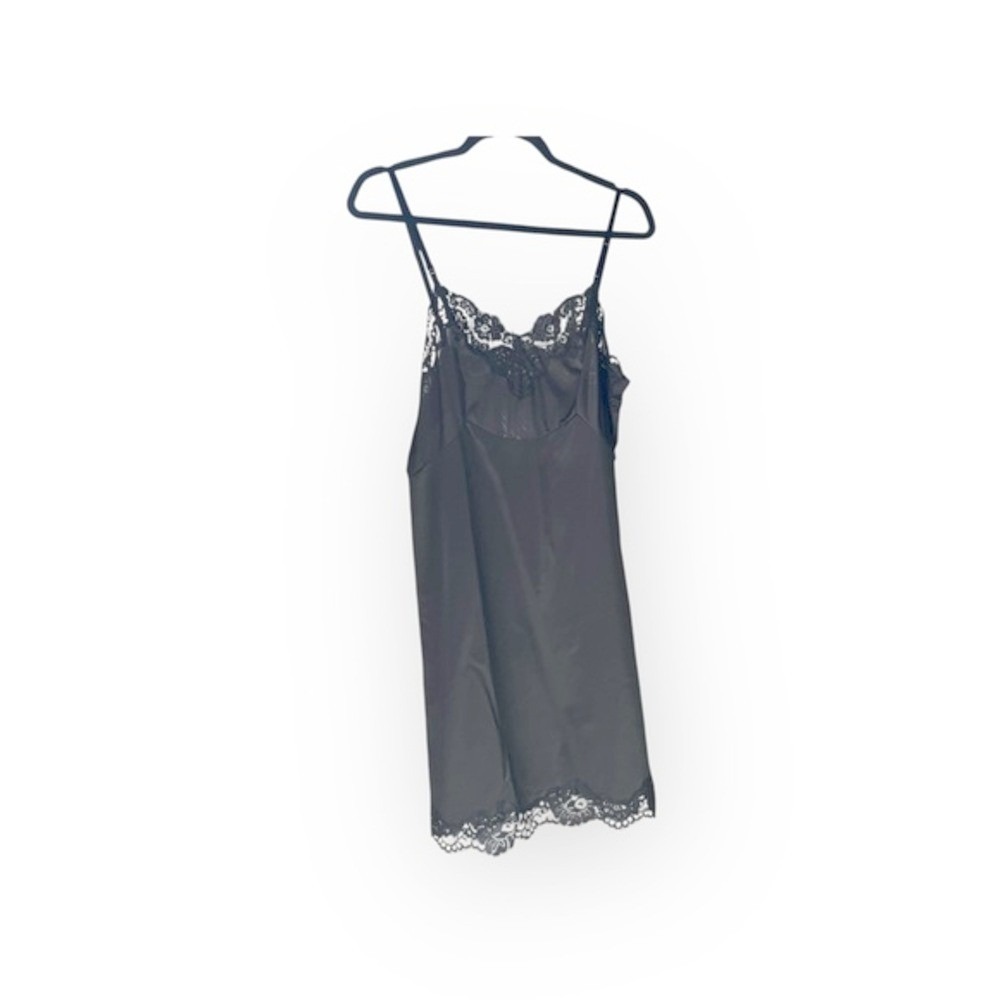 Unbranded Womens Satin Slip Dress Small Black Lace Trim Adjustable Straps